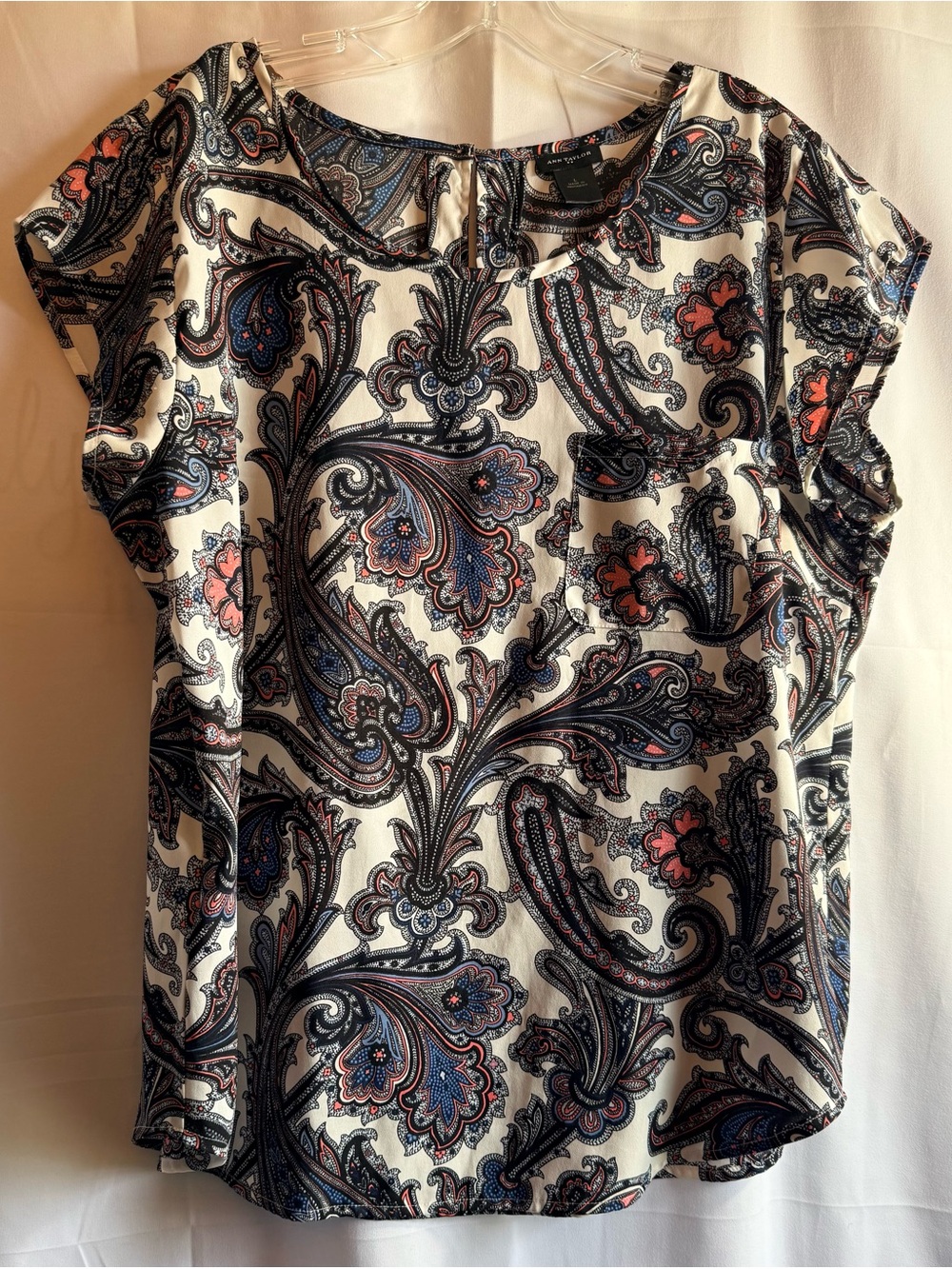 Ann Taylor White Paisley Blouse with Navy & Pink Accents Size Large